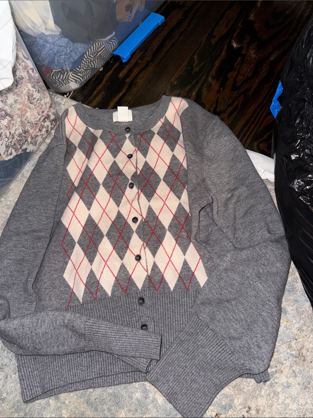 H&M Gray Argyle Button-Up Cardigan with Pink Accents
